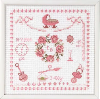Zdjęcie produktu dla Zestaw do haftu krzyżykowego Permin "Urodzona dziewczynka", wzór do liczenia, 25x25cm, 39-7132