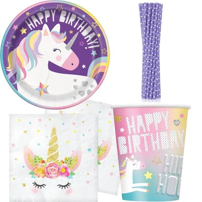 Produktbild von 72 tlg. Partyset lila Einhorn Kindergeburtstag Dekoration Mottoparty für 16 Kinder