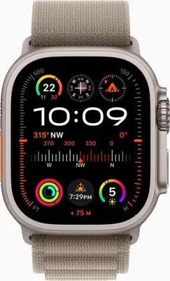 Produktbild von Apple Watch Ultra 2 GPS + Cellular 49 mm Titan mit olivgrünem Alpine Loop-Armband – Größe L