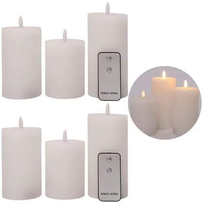 Produktbild von 6er Set Led Kerzen 7,5cm ø Kerze flackernde Flamme mit Fernbedingung WEISS 15 cm + 12,5 cm + 10 cm Höhe, LED Kerzen mit Timerfunktion, 3 AAA Batterien nötig, LED Echtwachs Stumpenkerzen warmweiß