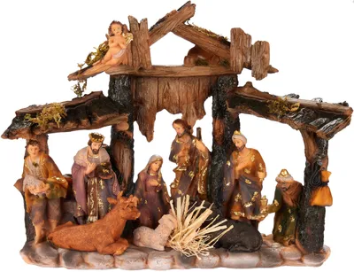 Produktbild von BRUBAKER Weihnachtskrippe - 34 cm Tischkrippe Weihnachtsfigur, handbemalt Jesus, Maria, Josef und Könige im Krippenstall mit Tieren - Weihnachtsdeko