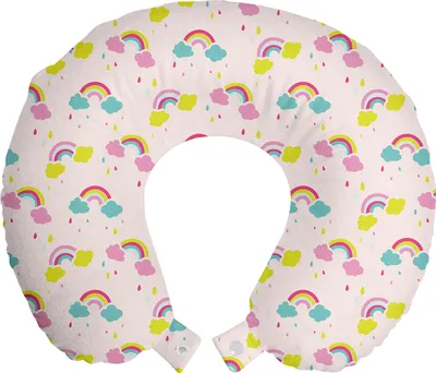 Immagine prodotto di ABAKUHAUS Cuscino da viaggio per bambini, cuscino cervicale, arcobaleno e gocce di pioggia, cartone animato, articolo da viaggio in schiuma per aereo e auto, 30x30 cm, rosa e multicolore
