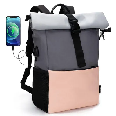 Produktbild von Freizeitrucksack Arbeitsrucksack Groß Damen lässiger Rolltop Rucksack Herren Backpack mit Laptopfach bis 15,6 zoll und externen USB-Anschluss (Rosa)
