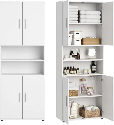 Produktbild von Badezimmerschrank Hochschrank Badschrank mit 6 Fächern, Badezimmer Aufbewahrung, Mehrzweckschrank für Bad, Keller & Hauswirtschaftsraum | 70x35x187 cm (BxTxH) | Weiß