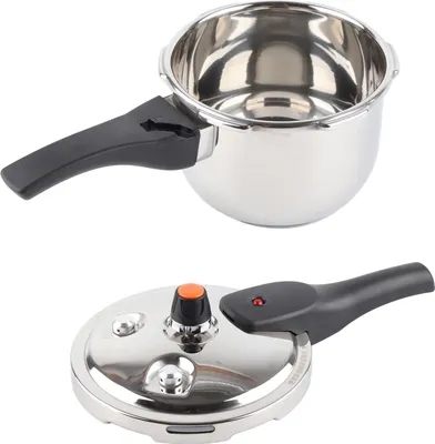 A stainless steel pressure cooker and its lid are shown separately against a white background.