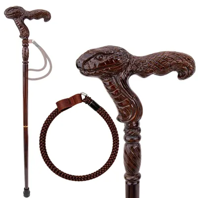Imagen del producto de Bastón de madera tallado a mano, de estilo vintage, con mango en forma de serpiente - color marrón