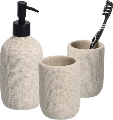 Produktbild von 3-teiliges Badezimmer-Set Natural beige, Badzubehör-Set besteht aus: Seifenspender & 2x Zahnputzbecher, moderne Badausstattung von Zeller
