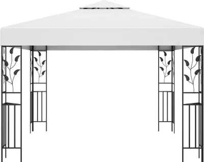 A white gazebo with black decorative metal legs against a white background.