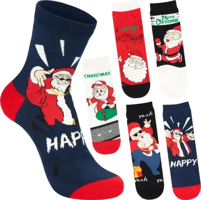 Produktbild von BRUBAKER 5 Paar Weihnachtssocken Herren 41-45 – Happy Santa mit Skateboard – Lustige Weihnachtsmann Socken