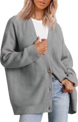 Produktbild von ASKSA Damen Strickjacke Strick Outwear V-Ausschnitt Vorne Offen Leicht Lockere Pullover mit Knoepfen, Grau, L