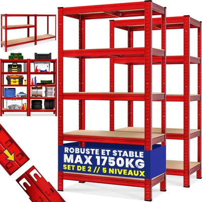 Image de MONZANA® 2x Étagères charge lourde rouge 5 niveaux 180x90x40cm Étagère métallique max 875kg Rangement garage atelier
