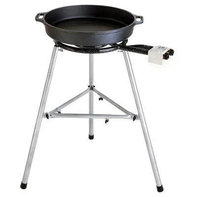 Produktbild von Paella World Gusseisenpfannen-Set 40 cm, 2-Ring-Brenner 35 cm, 9,0 kw, 30 mbar, Dreibein-Ständer, 150 kg belastbar, inkl. Paella-Fibel