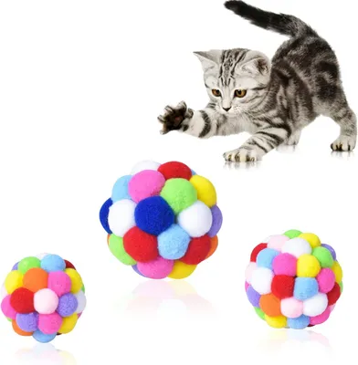 Produktbild von Katzenspielzeug Bunte Plüschbälle, Katzenspielzeug, interaktiver Katzenspielzeugball mit Glocke, 3er-Set, bunte Katzenbälle für Kätzchen, Katzenspielz