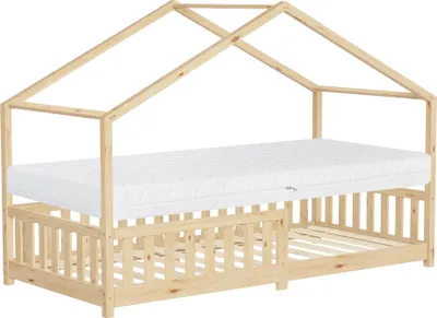 Obrázok produktu pre ML-Design detská posteľ domček posteľ 90x200 cm prírodná s matracom H:16cm, lamelový rošt a strecha proti vypadnutiu, hracia posteľ z masívneho borovicového dreva podlahová posteľ