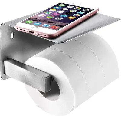 Immagine prodotto di Portarotolo in acciaio V2A da parete, portarotolo 3 in 1 con piastra per cellulare, 2 opzioni di montaggio: foratura o incollaggio