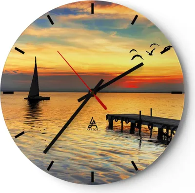 Produktbild von Wanduhr - Rund - Glasuhr - Strand landschaft wasser brücke - 30x30cm - Schleichendes Uhrwerk - Lautlos - zum Aufhängen bereit - Dekoration Modern - Wanddekoration aus Glas - C3AR30x30-2535