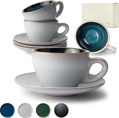 Produktbild von Cappuccinotassen Set [4 x 180 ml] - Handgefertigt aus dickwandigem Steingut - Kaffeetassen mit Untertasse - Dickwandig Groß Blau