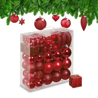 Image de Lot de 110 boules de Noël Relaxdays, en plastique, décorations pour sapin de Noël comprenant des boules, des guirlandes et bien plus encore, décorations pour sapin de Noël, rouge