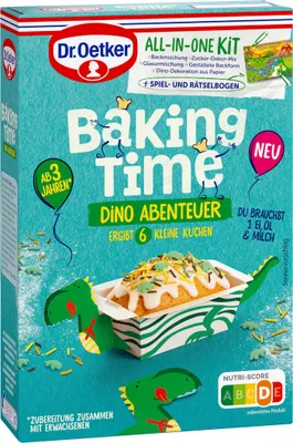The image shows the front of a Dr. Oetker Baking Time Dino Abenteuer cake mix box.