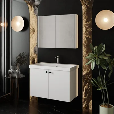 Produktbild von Badmöbel Set Weiß 80 cm Mimoza | Waschbecken | Unterschrank | Spiegelschrank