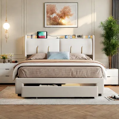 Image de ProximaX lit rembourré 160x200cm avec USB, lit en velours avec tiroirs , lit double pour adolescent avec sommier à lattes et espace de rangement, lit de rangement avec LED, Beige