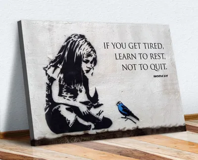 Leinwanddruck Graffiti Mädchen blauer Vogel Zitat, gerahmt, 20x30 cm