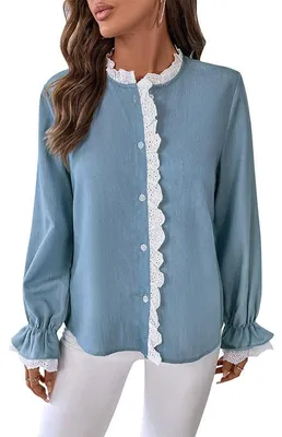 Produktbild von YesFashion Damen Bluse im Landhausstil mit Spitze und Puff?rmeln, Blau
