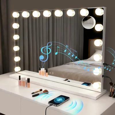 Zdjęcie produktu dla ZMH Lustro makijażowe hollywoodzkie 60x80 cm stojące z 18 lampkami LED głośnik Bluetooth regulacja jasności lustro kosmetyczne do sypialni i salonu