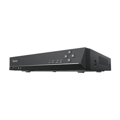 A black network video recorder (NVR) is shown from a three-quarter front-facing angle against a white background.