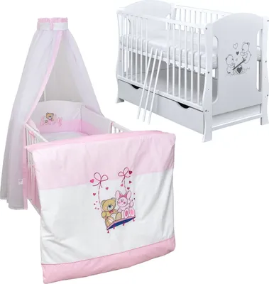 Produktbild von Baby-Delux Babybett Kinderbett Lia 120x60 Teddy Wippe Weiß inkl. Schublade Bettset Komplett Schaukelfreunde Schaumstoffmatratze