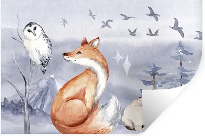 Produktbild von MuchoWow® Wandtattoo Wandsticker Wandaufkleber Winter - Eule - Hirsch - Fuchs 90x60 cm Selbstklebend und Repositionierbar - Aufkleber