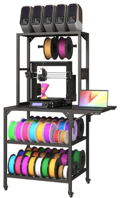 Produktbild von AIORBER 3D-Drucker-Werkbank mit Filament-Regal & T-förmiger Spulenhalterung, robuster Druckerständer auf Rollen mit Notebook-Ablage, Metall-Gestell, Schwarz