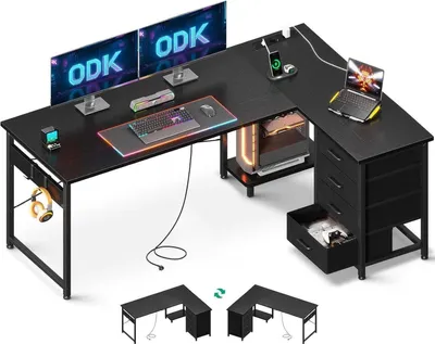 Bureau D'Angle Gaming CubiCubi 120x70 Cm - Noir, 2 Tiroirs, 3 Étages, Support Écran, Réversible