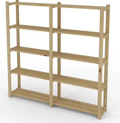A wooden shelving unit with five shelves, shown from a slightly angled front view against a white background.