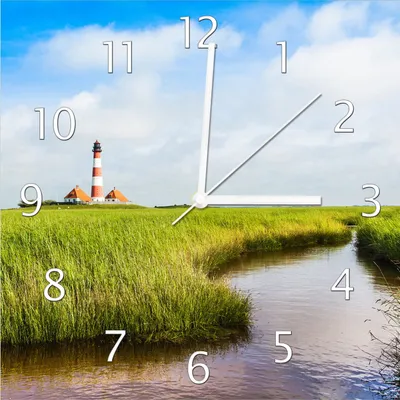 Produktbild von Wallario Design Wanduhr Kleiner Bach durch Schilf auf dem Weg zum Leuchtturm aus Echtglas, Größe 30 x 30 cm