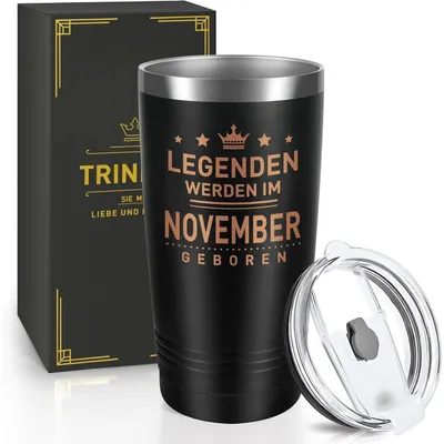 Productafbeelding van Thermobeker 600 ml, roestvrij staal, zwart. "Legendes worden in november geboren." Cadeau voor mannen