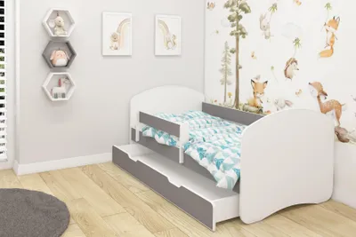 Produktbild von ACMA II Jugendbett Kinderbett Junior-Bett Komplett-Set mit Matratze Lattenrost und Rausfallschutz Weiß / Grau 160x80 cm + Bettkasten
