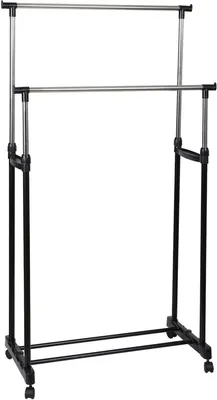 Immagine prodotto di Appendiabiti doppio regolabile su rotelle - 2 aste - Metallo e plastica - 80 × 42 × (100-170) cm - Nero