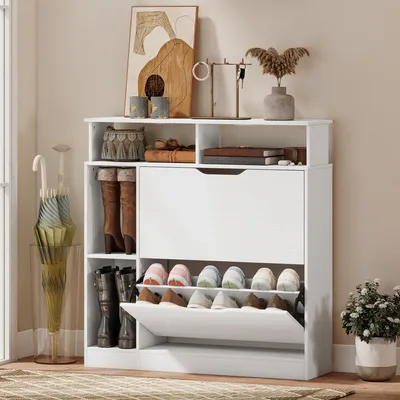 Produktbild von Sweiko Schuhschrank mit 2 Klappen Schuhkipper mit Verstellbar Trennwand, offenem Fach für 12 Paar Schuhe 89 x 25 x 92 cm Weiß