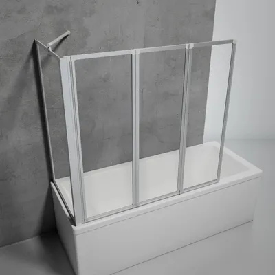 A shower screen for a bathtub is shown in a studio setting against a textured gray wall.