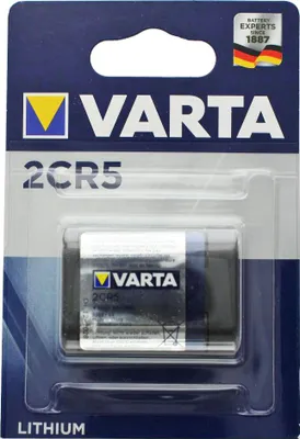 A Varta 2CR5 lithium battery in its retail packaging.