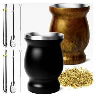 Produktbild von 8-teiliges Edelstahl-Yerba Mate Becher-Set – 2 doppelwandige Becher (schwarz und Holz), 4 Bombillas, 2 Bürsten