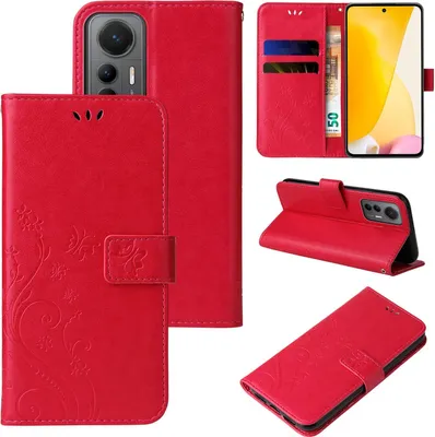 Produktbild von Handyhülle für Xiaomi 12 / 12X Floral Blumen Schmetterling Flip Cover Hülle Case Klapphülle Handytasche Farbe: Rot