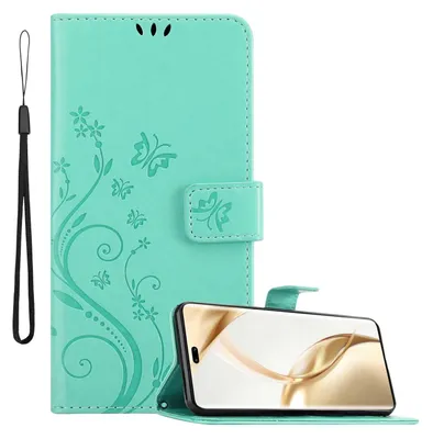 Produktbild von Cadorabo Hülle für Honor 200 Pro Hülle in FLORAL TÜRKIS Schutzhülle im Blumen Design mit Magnetverschluss, Standfunktion und Kartenfächern Book Case Cover