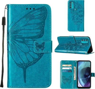 Produktbild von Moto G71 5G Hülle, Schmetterling Prägung Flip Leder Kartenfächer Schutzhülle Ledertasche mit Ständer für Motorola Moto G71 5G Blau