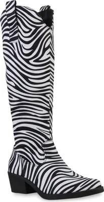 Produktbild von VAN HILL Damen Stiefel Cowboystiefel Stickereien Boots Spitz Western Schuhe 839569, Farbe: Weiß Schwarz Zebra, Größe: 37