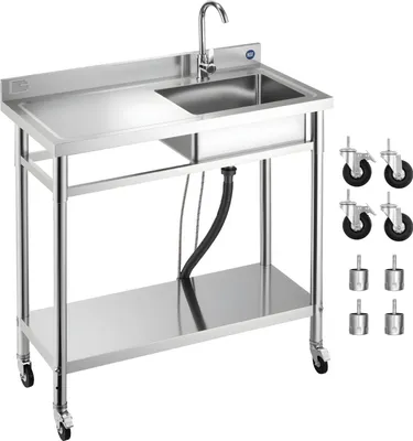 Zdjęcie produktu dla Zlewozmywak gastronomiczny – zlewozmywak kuchenny ze stali nierdzewnej z jednym zlewem – z baterią – z kółkami – wolnostojący – blat roboczy po lewej stronie – 100 x 50 x 105,5 cm – do użytku wewnątrz i na zewnątrz