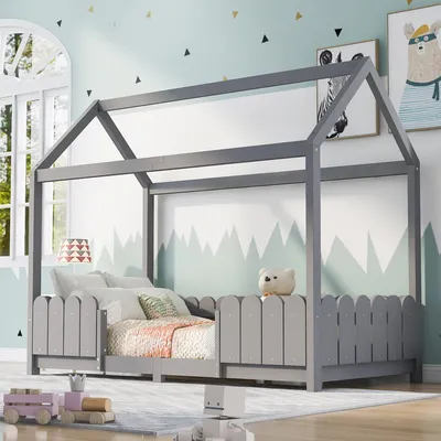 Produktbild von MODFU Kinderbett Hausbett 90x200cm Spielbett Kinderhaus mit Rausfallschutz und Lattenrost, Schönes Babybett aus Kiefernholz, Grau(Ohne Matratze)