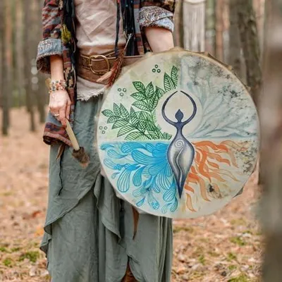 Obrázok produktu pre Šamanská bubon – Ručne vyrobená sibírska basová bubon | Nástroj z kože, nástroj na meditáciu a reflexiu, hudba na zvukovú terapiu | Spirituálna, šamanská, bubon, s paličkou, pre