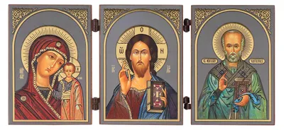 Ikonen-Diptychon: Gottesmutter, Jesus & Hl. Nikolaus, 8,5x13 cm